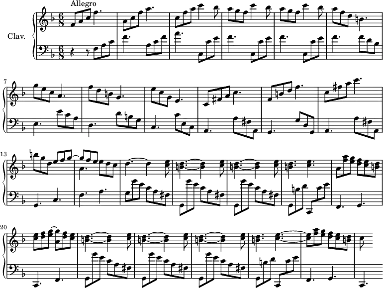 
\version "2.18.2"
\header {
  tagline = ##f
  % composer = "Domenico Scarlatti"
  % opus = "K. 350"
  % meter = "Allegro"
}

%% les petites notes
%trillBesp     = { \tag #'print { bes4.\prall } \tag #'midi { c32 bes c bes~ bes4 } }

upper = \relative c'' {
  \clef treble 
  \key f \major
  \time 6/8
  \tempo 4. = 92
  \set Staff.midiInstrument = #"harpsichord"
  \override TupletBracket.bracket-visibility = ##f

      s8*0^\markup{Allegro}
      f,8 a c  f4. | a,8 c f a4. | c,8 f a c4 bes8 | \repeat unfold 2 { a8 g f c'4 bes8 }
      % ms. 6
      a8 f d b4. | g'8 e c a4. | f'8 d b g4. |
      % ms. 9
      e'8 c g e4. | c8 fis a c4. | f,8 b d f4. | c8 fis a c4. |
      % ms. 13
      b8 g d << { e8 f g~ | g f e } \\ { s4. a,4. } >> e'8 d c | d4.~ d4 < c e >8 | \repeat unfold 2 { < b d >4.~ q4 < c e >8 }
      % ms. 18
      < b d >4. < c e > | a8 < f' a > < e g > < d f > < c e > < b d > | < c e > < d f > < e g >~ < a, g' > < d f > < c e >
      % ms. 21
      \repeat unfold 3 { < b d >4.~ q4 < c e >8 } | < b d >4. < c e >~ |
      % ms. 25
       q8 < f a >8 < e g > < d f > < c e > < b d > | c8 s8

}

lower = \relative c' {
  \clef bass
  \key f \major
  \time 6/8
  \set Staff.midiInstrument = #"harpsichord"
  \override TupletBracket.bracket-visibility = ##f

    % ************************************** \appoggiatura a16  \repeat unfold 2 {  } \times 2/3 { }   \omit TupletNumber 
      r4 r8 f,8 a c | f4. a,8 c f | a4. \repeat unfold 3 { c,,8 c' e | f4. }
      % ms. 6 suite…
      f8 d bes e,4. | e'8 c a | d,4. d'8 b g |
      % ms. 9
      c,4. c'8 e, c | a4. a'8 fis a, | g4. g'8 d g, | a4. a'8 fis a, |
      % ms. 13
      g4. c | f  a | g8 \repeat unfold 3 { g' e c a fis | g, } 
      % ms. 18
      b' d c,, c'' e | f,,4. g | c, f | 
      % ms. 21
      \repeat unfold 3 { g8 g'' e c a fis } | g,8 b' d c,, c'' e |
      % ms. 25
      f,,4. g c,

}

thePianoStaff = \new PianoStaff <<
    \set PianoStaff.instrumentName = #"Clav."
    \new Staff = "upper" \upper
    \new Staff = "lower" \lower
  >>

\score {
  \keepWithTag #'print \thePianoStaff
  \layout {
      #(layout-set-staff-size 17)
    \context {
      \Score
     \override SpacingSpanner.common-shortest-duration = #(ly:make-moment 1/2)
      \remove "Metronome_mark_engraver"
    }
  }
}

\score {
  \keepWithTag #'midi \thePianoStaff
  \midi { }
}
