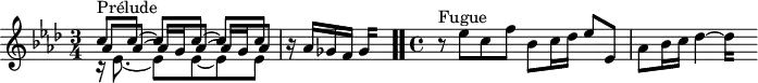 
\version "2.18.2"
\header {
  tagline = ##f
}

\score {
  \new Staff \with {
}
<<
  \relative c'' {
    \key aes \major
    \time 3/4
    \set Staff.midiInstrument = #"harpsichord" 
    \shiftOnnn %\shiftOn

     %% INCIPIT CBT II-17, BWV 886, la-bémol majeur
     << {
       \override Beam #'positions = #'( 3.5 . 3.5 )
       s1*0-\markup{Prélude} c8 c~ c[ c~] c c |
       \revert Beam #'positions
     } \\ {
       r16 ees,8.~ ees8 ees~ ees ees
     } \\ {
       \override Beam #'positions = #'( 2.5 . 2.5 )
       aes8 aes~ aes16 g aes8~ aes16 g aes8 |
       \revert Beam #'positions
     } >>
     r16 aes16 ges f 
{ 
 % suppression des warnings :
 #(ly:set-option 'warning-as-error #f)
 #(ly:expect-warning (_ "stem does not fit in beam")) %% <= à traduire éventuellement
 #(ly:expect-warning (_ "beam was started here")) %% <= à traduire éventuellement
  \set stemRightBeamCount = #2
  ges4*1/4[ s]
}
    \bar ".."

    \time 4/4 \set Timing.measurePosition = #(ly:make-moment -1)
     r8^\markup{Fugue} ees'8 c f bes, c16 des ees8 ees, | aes bes16 c des4~ 
{ 
 % suppression des warnings :
 #(ly:set-option 'warning-as-error #f)
 #(ly:expect-warning (_ "stem does not fit in beam")) %% <= à traduire éventuellement
 #(ly:expect-warning (_ "beam was started here")) %% <= à traduire éventuellement
  \set stemRightBeamCount = #2
  des4*1/4[ s]
}
  }
>>
  \layout {
     \context { \Score \remove "Metronome_mark_engraver" 
         }
  }
  \midi {}
}
