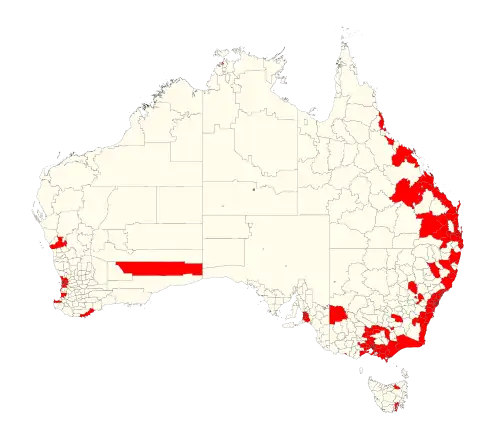 Un peu plus de 90 % de la population australienne vit dans les gouvernements locaux en rouge.