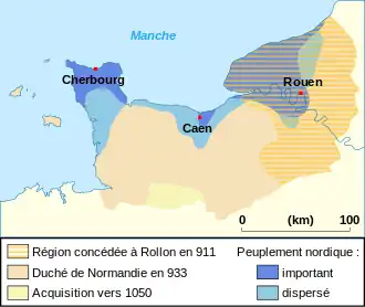 Carte illustrant l'expansion normande : le don original à Rollon en 911 ne représente qu'un territoire réduit autour de la ville de Rouen, mais dès 933, les Normands se sont étendus vers l'ouest pour gouverner toute la Normandie actuelle. Le peuplement scandinave reste cependant concentré sur le littoral, autour de Cherbourg, Caen et Rouen notamment.