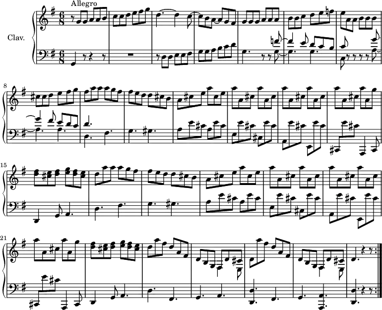 
\version "2.18.2"
\header {
  tagline = ##f
  % composer = "Domenico Scarlatti"
  % opus = "K. 413"
  % meter = "Allegro"
}

%% les petites notes
%trillBesp     = { \tag #'print { bes4.\prall } \tag #'midi { c32 bes c bes~ bes4 } }

upper = \relative c'' {
  \clef treble 
  \key g \major
  \time 6/8
  \tempo 4. = 102
  \set Staff.midiInstrument = #"harpsichord"
  \override TupletBracket.bracket-visibility = ##f

  \repeat volta 2 {
      s8*0^\markup{Allegro}
      r8 g8 g a a b | c  c d e fis g | d4.~ d4 c8~ | c b a~ a g fis |
      % ms. 5
      g8 g g a a a | b b c d e f | e a, a b b b | cis cis d e fis g | fis \repeat unfold 2 { a a a g fis |
      % ms. 10
      fis8 e d d cis b | a cis e a cis, e | \repeat unfold 5 { a a, cis } a' a, g' |
      % ms. 15 à 22
      < d fis >8 < cis e > < d fis > < e g > < d fis > < cis e > | d } a'8 fis d a fis | d b g << { fis8 d' cis } \\ { fis,4 e8 } >>
      % ms. 25
      d'8 a'' fis d a fis | d b g << { fis8 d' cis } \\ { fis,4 e8 } >> | d'4. r4 r8 }%repet

}

lower = \relative c' {
  \clef bass
  \key g \major
  \time 6/8
  \set Staff.midiInstrument = #"harpsichord"
  \override TupletBracket.bracket-visibility = ##f

  \repeat volta 2 {
    % ************************************** \appoggiatura a16  \repeat unfold 2 {  } \times 2/3 { }   \omit TupletNumber 
      g,4 r8 r4 r8 | R2. | r8 d'8 d e e fis | g g a b c d |
      % ms. 5
      g,4. r8 r8 << { f'8~ | f4 e8 d c b | c } \\ { g8~ g4. g | c,8 } >> r8 r8 r8 r8 << { g''8~ | g4 fis8 e d c | d4. } \\ { a8~ | a4. a | d, } >> fis4.
      % ms. 10
      g4. gis | \repeat unfold 2 { a8 e' cis } | e, e' cis cis, e' cis | a, e'' cis e,, e'' cis | cis,, e'' cis a,,4 cis8 |
      % ms. 15
      d4 g8 a4. | d fis | g gis | \repeat unfold 2 { a8 e' cis } | e, e' cis cis, e' cis |
      % ms. 20
      a, e'' cis e,, e'' cis | cis,, e'' cis a,,4 cis8 | d4 g8 a4. | d fis, | g  \shiftOn a |
      % ms. 25
      < d, d' >4. fis | g  \shiftOn < a, a' > | < d d' > r4 r8 }%repet

}

thePianoStaff = \new PianoStaff <<
    \set PianoStaff.instrumentName = #"Clav."
    \new Staff = "upper" \upper
    \new Staff = "lower" \lower
  >>

\score {
  \keepWithTag #'print \thePianoStaff
  \layout {
      #(layout-set-staff-size 17)
    \context {
      \Score
     \override SpacingSpanner.common-shortest-duration = #(ly:make-moment 1/2)
      \remove "Metronome_mark_engraver"
    }
  }
}

\score {
  \unfoldRepeats
  \keepWithTag #'midi \thePianoStaff
  \midi { }
}

