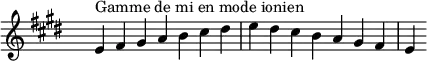 
\relative c' { 
  \key e \ionian
  \clef treble \time 7/4 \hide Staff.TimeSignature e4^\markup { Gamme de mi en mode ionien } fis gis a b cis dis e dis cis b a gis fis e
}
