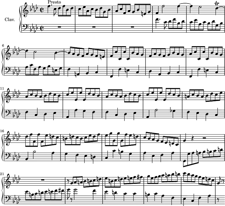 
\version "2.18.2"
\header {
  tagline = ##f
}

%% les petites notes
trillDes = { \tag #'print { des4\trill~ } \tag #'midi { ees16 des ees des~ } }

eMuet = { \tag #'print { f4 } \tag #'midi { s4 } }

upper = \relative c'' {
  \clef treble 
  \key f \minor
  \time 2/2
  \tempo 2 = 110
  \set Staff.midiInstrument = #"harpsichord"

     s8*0^\markup{Presto}
     f4. c8 des f bes, des | c8 ees aes, c bes des g, bes | aes c f, aes g bes e, g | f4 f'2 f4~ |
     % ms. 5
     \eMuet ees2  \trillDes | des4 c2 bes4~ | bes8 aes g f aes g f e | f c' c, c' c, bes' aes g |
     % ms. 9
     f8 aes g f g bes aes g | aes c c, c' c, bes' aes g | \repeat unfold 2 { aes c bes aes bes des c bes | c ees ees, ees' ees, des' c bes } |
     % ms. 15
     a8 c bes a bes des c ees | des f f, f' f, ees' d c | 
     % ms. 17
     b8 d c b c ees d f | ees g g, g' g, f' ees d  | c bes aes g f ees d c | g'4 r4 r2 |
     % ms. 21
     R1 | r8 g8 aes a bes b c d | ees b c d ees e f fis | g ees f g aes a bes b |
     c8 bes aes g f ees d c | g8 r8

}

lower = \relative c' {
  \clef bass
  \key f \minor
  \time 2/2
  \set Staff.midiInstrument = #"harpsichord"

    % **************************************
     R1*3 | f4. c8 des f bes, des |
     % ms. 5
     c8 ees aes, c bes des g, bes | aes c f, aes g bes e, g | f4 a, bes c | f, f' e c |
     % ms. 9
     des4 aes bes c | f, f' e c | f c des  ees | aes, aes' g f |
     % ms. 13
     f4 c des ees | aes, aes'2 ges4 | f ees des c | bes bes'2 aes4 |
     % ms. 17
     g4 f ees d | c c' b g | aes ees f aes | g,8 g' aes a bes b c d | ees b c d ees e f fis | g r8 g2 f4 | ees d c c | b c aes f |
     % ms. 25
     ees4 c f aes | r8 s8

}

thePianoStaff = \new PianoStaff <<
    \set PianoStaff.instrumentName = #"Clav."
    \new Staff = "upper" \upper
    \new Staff = "lower" \lower
  >>

\score {
  \keepWithTag #'print \thePianoStaff
  \layout {
      #(layout-set-staff-size 17)
    \context {
      \Score
     \override SpacingSpanner.common-shortest-duration = #(ly:make-moment 1/2)
      \remove "Metronome_mark_engraver"
    }
  }
}

\score {
  \keepWithTag #'midi \thePianoStaff
  \midi { }
}
