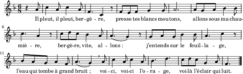 
\relative a' {
    \clef treble
    \key f \major
    \time 6/8
\set Score.tempoHideNote = ##t \tempo 4. = 60
    \partial 4.
  r4 a8 |
  c4 a8 c4 a8 | f4. c4 r8 | f8 e f g4 g8 | a2. |
  a8 g a bes4 bes8 | c4. a4 r8 | c8 d c bes4 a8 | a4.( g4) r8 |
  g8 a g bes4 bes8 | a4. c4 r8 | bes8 a g a4 f8 | a4.( g4) \breathe a8 |
  c4 a8 c4 a8 | bes4. d | c8 d c g4 a8 | f4.
  \bar "|."
}
\addlyrics { Il pleut, il pleut, ber -- gè -- re,
             pres -- se tes blancs mou -- tons,
             al -- lons sous ma chau -- miè -- re,
             ber -- gè -- re, vite, al -- lons_:
             j’en -- tends sur le feuil -- la -- ge,
             l’eau qui tombe à grand bruit_;
             voi -- ci, voi -- ci l’o -- ra -- ge,
             voi -- là l’é -- clair qui luit.
}
