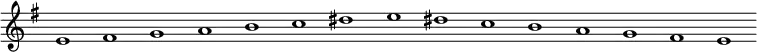 
\new Staff {
  \relative c' {
    \key e \minor
    \override Staff.TimeSignature #'stencil = ##f
    \override Staff.BarLine #'stencil = ##f
     e1 fis g a b c dis e dis c b a g fis e
  }
}
\midi {
  \context {
    \Score
    tempoWholesPerMinute = #(ly:make-moment 120 1)
  }
}
