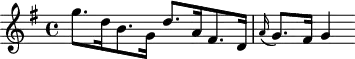 
\header {
  tagline = ##f
}

\score {
  \new Staff \with {

  }
<<
  \relative c'' {
    \key g \major
    \time 4/4
    \override TupletBracket #'bracket-visibility = ##f 
    \autoBeamOff

     %%%%%%%%%%%%%%%%%%%%%%%%%% K9
     g'8.[ d16 b8. g16] d'8.[ a16 fis8. d16] \grace a'16( g8.[) fis16] g4

  }
>>
  \layout {
    \context {
      \remove "Metronome_mark_engraver"
    }
  }
  \midi {}
}
