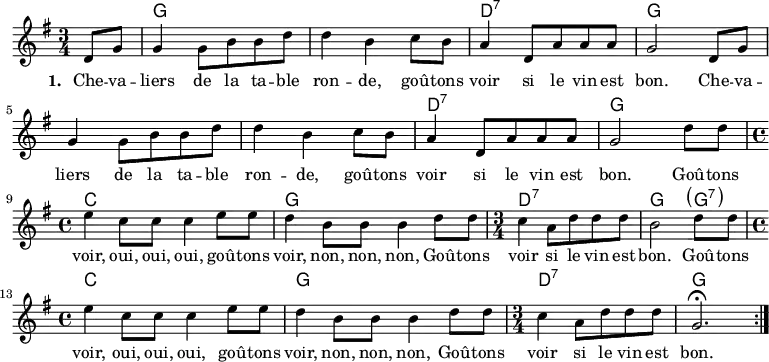 
  <<
     \chords { \set ChordNames.midiMaximumVolume = #0.65
       s4 g,2.*2 d,2.:7 g,2.*3 d,2.:7 g,
       c1 g, d,2.:7 g,2 \parenthesize g,4:7 c1 g, d,2.:7 g,
     }
     \new Voice = "default" { \relative c' {
        \time 3/4 \key g \major \partial 4 
        d8 g g4 g8 b b d d4 b c8 b a4 d,8 a' a a g2
        d8 g g4 g8 b b d d4 b c8 b a4 d,8 a' a a g2 d'8 d 
        \time 4/4 e4 c8 c c4 e8 e d4 b8 b b4 d8 d
        \time 3/4 c4 a8 d d d b2 d8 d
        \time 4/4 e4 c8 c c4 e8 e d4 b8 b b4 d8 d
        \time 3/4 c4 a8 d d d g,2.\fermata \bar ":|."
    }}
    \new Lyrics \lyricsto "default" {
        \set stanza = "1. "
        Che -- va -- liers de la ta -- ble ron -- de,
        goû -- tons voir si le vin est bon.
        Che -- va -- liers de la ta -- ble ron -- de,
        goû -- tons voir si le vin est bon.
        Goû -- tons voir, oui, oui, oui,
        goû -- tons voir, non, non, non,
        Goû -- tons voir si le vin est bon.
        Goû -- tons voir, oui, oui, oui,
        goû -- tons voir, non, non, non,
        Goû -- tons voir si le vin est bon.
    }
  >>

  \layout { indent = #0 }
  \midi { \tempo 2 = 64 }
