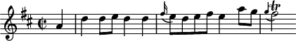 
\header {
  tagline = ##f
}

\score {
  \new Staff \with {

  }
<<
  \relative c'' {
    \key d \major
    \time 2/2
    \override TupletBracket #'bracket-visibility = ##f 
    \autoBeamOff

     %%%%%%%%%%%%%%%%%%%%%%%%%% K25
     \partial 4 a4 d d8[ e] d4 d \grace fis16( e8)[d e fis] e4 a8[ g] \grace g4( fis2\trill)

  }
>>
  \layout {
    \context {
      \remove "Metronome_mark_engraver"
    }
  }
  \midi {}
}
