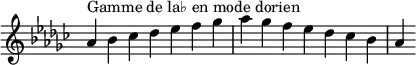  {
\override Score.TimeSignature #'stencil = ##f
\relative c'' {
  \key aes \dorian
  \clef treble \time 7/4
  aes4^\markup { Gamme de la♭ en mode dorien } bes ces des es f ges aes ges f es des ces bes aes
} }
