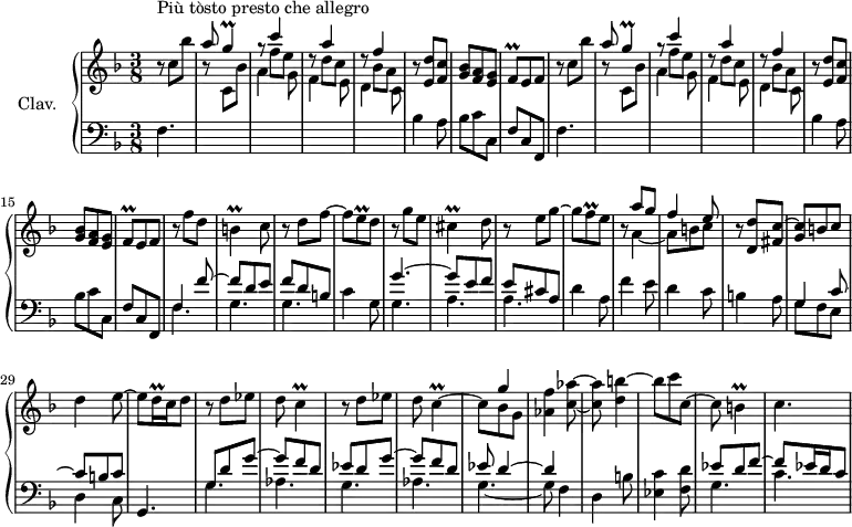 
\version "2.18.2"
\header {
  tagline = ##f
  % composer = "Domenico Scarlatti"
  % opus = "K. 419"
  % meter = "Più tosto presto che allegro"
}

%% les petites notes
trillG       = { \tag #'print { g4\prall } \tag #'midi { a32 g a g~ g8 } }
trillFq      = { \tag #'print { f8\prall } \tag #'midi { g32 f g f } }
trilldqq     = { \tag #'print { d16\prall } \tag #'midi { \times 2/3 { d32 e d } } }
trillC       = { \tag #'print { c4\prall~ } \tag #'midi { d32 c d c~ c8~ } }
trillB       = { \tag #'print { b4\prall } \tag #'midi { c32 b c b~ b8 } }
trillEq      = { \tag #'print { e8\prall } \tag #'midi { f32 e f e } }
trillCis     = { \tag #'print { cis4\prall  } \tag #'midi { d32 cis d cis~ cis8 } }
trillCDown   = { \tag #'print { c,4^\prall^~ } \tag #'midi { d32 c d c~ c8~ } }

upper = \relative c'' {
  \clef treble 
  \key f \major
  \time 3/8
  \tempo 4. = 88
  \set Staff.midiInstrument = #"harpsichord"
  \override TupletBracket.bracket-visibility = ##f

      s8*0^\markup{Più tòsto presto che allegro}
      \repeat unfold 2 { r8 c8 bes' | \stemUp a8 \trillG | g8\rest << { c4 | s8 a4 | s8 f4 } \\ {  \shiftOn f8 e | d8\rest d8 c | d8\rest bes8 a } >> | \stemNeutral r8 < e d' >8 < f c' > | < g bes > < f a > < e g > | \trillFq e8 f } |
      % ms. 17
      r8 f'8 d | \trillB c8 | r8 d8 f~ | f \trillEq d | r8 g8 e | \trillCis d8 | r8 e8 g~ | g \trillFq e |
      % ms. 25
      r8 << { a8 g | f4 e8 } \\ { a,4~ | a8 b c } >> | r8 < d, d' >8 < fis c' >^~ | < g c > b c | d4 e8~ | e \trilldqq c16 d8 | r8 d8 ees | d \trillC |
      % ms. 33
      r8 d8 ees | d << { s4 | s8 g4 } \\ { \trillCDown | c8 bes g } >> | < aes f' >4 < c aes' >8~ | q < d b' >4~ | b'8 c c,~ | c \trillB | c4. 

}

lower = \relative c' {
  \clef bass
  \key f \major
  \time 3/8
  \set Staff.midiInstrument = #"harpsichord"
  \override TupletBracket.bracket-visibility = ##f

    % ************************************** \appoggiatura a16  \repeat unfold 2 {  } \times 2/3 { }   \omit TupletNumber 
      \repeat unfold 2 { f,4. | \stemDown \change Staff = "upper" r8 c'8 bes' | a4 g8 | f4 e8 | d4 c8 | \stemNeutral \change Staff = "lower" bes4 a8 | bes c c, | f c f, } |
      % ms. 17
      << { f'4 f'8~ | f d e | f d b } \\ { \mergeDifferentlyDottedOn f4. g g } >> | c4 g8 << { g'4.~ | g8 e f | e cis a } \\ { g4. a a } >> | d4 a8 |
      % ms. 25
      f'4 e8 | d4 c8 | b4 a8 | << { g4 c8~ | c b c } \\ { g8 f e | d4 c8 } >> | g4. | << { g'8 d' g~ | g f d | ees d g~ | g f d | ees d4~ | d4 } \\ { g,4. aes g aes | g4.~ g8 f4 } >>
      % ms. 37
      d4 b'8 < ees, c' >4 < f d' >8 | << { ees'8 d f~ | f ees16 d c8 } \\ { g4. | c } >>
      % ms. 41
      

}

thePianoStaff = \new PianoStaff <<
    \set PianoStaff.instrumentName = #"Clav."
    \new Staff = "upper" \upper
    \new Staff = "lower" \lower
  >>

\score {
  \keepWithTag #'print \thePianoStaff
  \layout {
      #(layout-set-staff-size 17)
    \context {
      \Score
     \override SpacingSpanner.common-shortest-duration = #(ly:make-moment 1/2)
      \remove "Metronome_mark_engraver"
    }
  }
}

\score {
  \keepWithTag #'midi \thePianoStaff
  \midi { }
}
