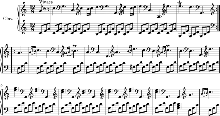 
\version "2.18.2"
\header {
  tagline = ##f
}

%% les petites notes
trillE = { \tag #'print { e4.\trill } \tag #'midi { f16 e f e~ e8 } }
trillBes = { \tag #'print { bes4.)\prall } \tag #'midi { c16 bes c bes~ bes8 } }
trillC = { \tag #'print { c4.)\prall } \tag #'midi { d16 c d c~ c8 } }

upper = \relative c'' {
  \clef treble 
  \key c \major
  \time 12/8
  \tempo 4. = 126
  \set Staff.midiInstrument = #"harpsichord"

     s8*0^\markup{Vivace}
     \repeat volta 2 {
     g8 r8 r8 | c4.   \clef bass g, c,   \clef treble  c''4 b16 c | d4.  \clef bass g,, g,  \clef treble  d'''4 c16 d |
     % ms. 3
     e4.  \clef bass c,, c, \clef treble  e'''4. | \trillE d4.  \clef bass g,,, 
     } \set Score.doubleRepeatType = #":..:" 
     \repeat volta 1 { \clef treble
     g''4. \grace {   \tempo 4. = 45 a16( bes }   \tempo 4. = 126 c4.)   \tempo 4. = 126 bes4. \clef bass c,, \clef treble \grace {   \tempo 4. = 45 g''16( a }   \tempo 4. = 126 \trillBes |
     % ms. 6
     a4. \clef bass c,, f, \clef treble  a''4. | \grace {   \tempo 4. = 45 b16( c }   \tempo 4. = 126 d4.) c | \clef bass d,, \clef treble \grace {   \tempo 4. = 45 a''16( b }   \tempo 4. = 126 \trillC | b4. \clef bass d,, g, \clef treble  d'''4. |
     % ms. 9
     < e g >4. \clef bass g,,, \clef treble < d''' f > \clef bass g,,, \clef treble < c'' e > \clef bass g,, \clef treble < b'' d > \clef bass g,, \clef treble < c'' e > \clef bass g,, \clef treble < d''' f > \clef bass g,,, 
     % ms. 12
     \clef treble < c'' e > \clef bass g,, \tempo 4. = 60 g  \tempo 4. = 126 \clef treble g'' \grace {   \tempo 4. = 45 a16( bes }   \tempo 4. = 126 c4.)

     }\bar ""

}

lower = \relative c' {
  \clef bass
  \key c \major
  \time 12/8
  \set Staff.midiInstrument = #"harpsichord"

  \repeat volta 2 {
    % **************************************
     \partial 4.
      \clef treble \repeat unfold 5 { c8 e g } \repeat unfold 4 { b,8 d g } \repeat unfold 4 { c,8 e g } g, c e \repeat unfold 2 { g, b d } 
 }
\repeat volta 1 {
      \clef bass \repeat unfold 5 { e, g c } \repeat unfold 4 { f, a c } \repeat unfold 4 { fis, a d } \repeat unfold 4 { g, b d }  \repeat unfold 3 {  \repeat unfold 2 { g, c e } \repeat unfold 2 { g, b d } } 

      % ms. 12
      \repeat unfold 2 { g, c e }   \tempo 4. = 100 < g, b d >4.  \repeat unfold 2 { e8 g c }
} %repet
}

thePianoStaff = \new PianoStaff <<
    \set PianoStaff.instrumentName = #"Clav."
    \new Staff = "upper" \upper
    \new Staff = "lower" \lower
  >>

\score {
  \keepWithTag #'print \thePianoStaff
  \layout {
      #(layout-set-staff-size 17)
    \context {
      \Score
     \override SpacingSpanner.common-shortest-duration = #(ly:make-moment 1/2)
      \remove "Metronome_mark_engraver"
    }
  }
}

\score {
  \unfoldRepeats
  \keepWithTag #'midi \thePianoStaff
  \midi { }
}
