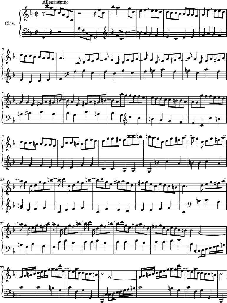 
\version "2.18.2"
\header {
  tagline = ##f
  % composer = "Domenico Scarlatti"
  % opus = "K. 482"
  % meter = "Allegrissimo"
}

%% les petites notes
%trillBesp     = { \tag #'print { bes4.\prall } \tag #'midi { c32 bes c bes~ bes4 } }

upper = \relative c'' {
  \clef treble 
  \key f \major
  \time 2/2
  \tempo 2 = 92

      s8*0^\markup{Allegrissimo}
      r8 c'8 a f c a f c | r2 r4 f'8 c | bes'4 a2  g8 d | e4 f4. e8 e d |
      % ms. 5
      d8 c c bes bes a a g | a4 f'4. e8 e d | d8 c c bes bes a a g | a4. \repeat unfold 2 { c,8 d f e g~ |
      % ms. 10
       g f4 } \repeat unfold 2 { d8 e g fis a~ | a g4 } e8 fis a gis b~ | b a4 e8 fis a gis b~ |
      % ms. 14
      b a a' g \repeat unfold 2 { g f f e   e d d c  c b b a   a g } 
      % ms. 18
      f8 c' c b b f' f e | e g g fis fis c' c b | b a g d e g fis a~ | a g4 d8 e g fis a~ |
      % ms. 22
      a8 g4  c,8 d g f b~ | b c4 c,8 d g f b~ | b c g e gis a f d | fis g e c e d c b |
      % ms. 26
      c4. \repeat unfold 2 { d8 e g fis a~ | a g4 } c,8 d g f b~ | b c4 c,8 d g f b~ |
      % ms. 30
      b8 c g e gis a f d | fis g e c e d c b | \repeat unfold 2 { c2 g~ | g16[ a b c] d e f g a8 g d' f,~ |
      % ms. 34
      f8 e a d,~ d c c b } |
      % ms. 38
      c2

}

lower = \relative c' {
  \clef bass
  \key f \major
  \time 2/2

    % ************************************** \appoggiatura a16  \repeat unfold 2 {  } \times 2/3 { }   \omit TupletNumber 
      f,,4 r4 r2 | a'8 f c a f2   \clef treble  | r4 f''8 c bes'2~ |
      bes4 \repeat unfold 2 { a g f | 
      % ms. 8 début…
      e c d e | f }   \clef bass a,4 bes g | a f bes g |
      % ms. 10
      a4 b c a | b g c a | b cis d b | c a d b | 
      % ms. 14
      c4 a   \clef treble  d' c | b a g f  | e c c' b | a g f e | 
      % ms. 18
      d4 d g g | c, c a a | g b' c a | b b c a |
      % ms. 22
      < g b >4 \repeat unfold 2 { e f g | c, } f e d | e e f g |
      % ms. 26
      c, \clef bass  b c a | b g c a | g e' f d | \repeat unfold 2 { e e f d } | 
      % ms. 31
      e4 e f g | c, c,4~ c8 d16 e f[ g a b] | c4 c b g |
      % ms. 34
      c4 f, g g, | c, c'~ c8 d16 e f[ g a b] | c2 b4 g | c f, g g, |
      % ms. 38
      c,4 s4

}

thePianoStaff = \new PianoStaff <<
    \set PianoStaff.instrumentName = #"Clav."
    \new Staff = "upper" \upper
    \new Staff = "lower" \lower
  >>

\score {
  \keepWithTag #'print \thePianoStaff
  \layout {
      #(layout-set-staff-size 17)
    \context {
      \Score
     \override TupletBracket.bracket-visibility = ##f
     \override SpacingSpanner.common-shortest-duration = #(ly:make-moment 1/2)
      \remove "Metronome_mark_engraver"
    }
  }
}

\score {
  \keepWithTag #'midi \thePianoStaff
  \midi { \set Staff.midiInstrument = #"harpsichord" }
}
