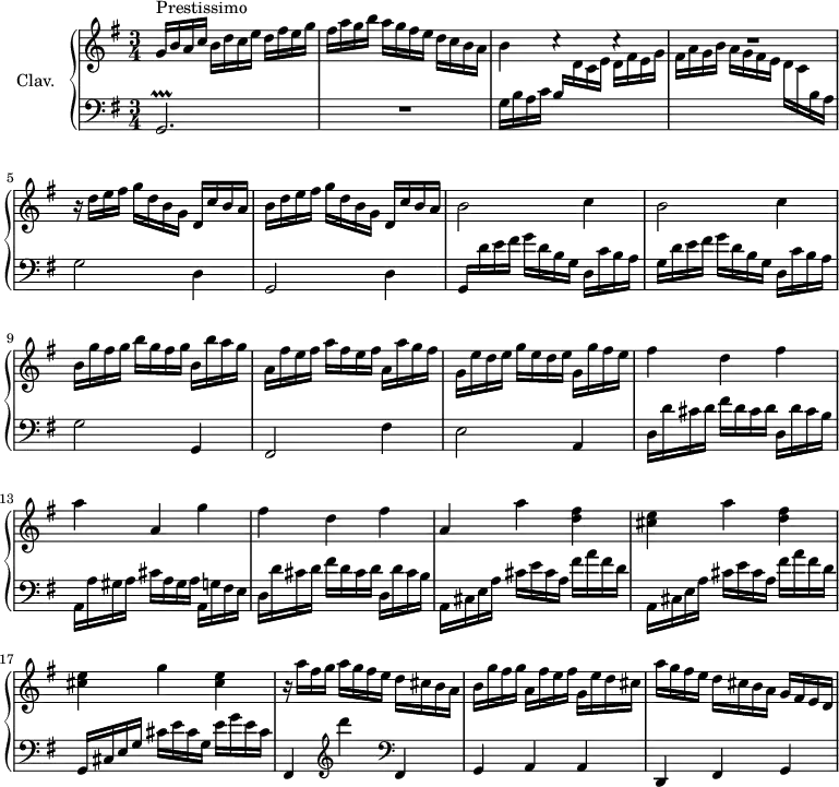 
\version "2.18.2"
\header {
  tagline = ##f
  % composer = "Domenico Scarlatti"
  % opus = "K. 348"
  % meter = "Prestissimo"
}

%% les petites notes
trillGb     = { \tag #'print { g,2.\prallprall } \tag #'midi { \repeat unfold 4 { a32 g a g~ } g4 } }

upper = \relative c'' {
  \clef treble 
  \key g \major
  \time 3/4
  \tempo 4 = 92

      s8*0^\markup{Prestissimo}
      g16 b a c  b d c e d fis e g | fis a g b a g fis e d c b a | b4 c4\rest c4\rest | 
      % ms. 4
      R2. | r16 d16 e fis g d b g d c' b a | b d e fis g d b g d c' b a |
      % ms. 7
      \repeat unfold 2 { b2 c4 } | b16 g' fis g b g fis g b, b' a g |
      % ms. 10
      a, fis' e fis a fis e fis a, a' g fis | g, e' d e g e d e g, g' fis e | fis4 d fis |
      % ms. 13
      a4 a, g' | fis d fis | a, a' < d, fis >
      % ms. 16
      < cis e >4 a' < d, fis > | < cis e > g' < cis, e > | r16 a'16 fis g a g fis e d cis b a |
      % ms. 19
      b16 g' fis g a, fis' e fis g, e' d cis | a' g fis e d cis b a g fis e d | % a'4 a' < d, fis > |
      % ms. 22
      % < cis e >4 a' < d, fis > | < cis e > g' < cis, e > |
      % ms. 26
      

}

lower = \relative c' {
  \clef bass
  \key g \major
  \time 3/4

    % ************************************** \appoggiatura a16  \repeat unfold 2 {  } \times 2/3 { }   \omit TupletNumber 
      \trillGb | R2. | g'16 b a  c \stemUp b  \stemDown \change Staff = "upper"  d c e d fis e g |
      % ms. 4
      fis a g b a g fis e d c \change Staff = "lower" b a \stemNeutral | g2 d4 | g,2 d'4 \stemUp |
      % ms. 7
      g,16 \stemNeutral  d'' e fis g d b g d c' b a | g d' e fis g d b g d c' b a | g2 g,4 |
      % ms. 10
      fis2 fis'4 | e2 a,4 | d16 d' cis d fis d cis d d, d' cis b | 
      % ms. 13
      a,16 a' gis a cis a gis a a, g' fis e | d d' cis d  fis d cis d  d, d' cis b | \repeat unfold 2 { a, cis e a  cis e cis a  fis' a fis d } |
      % ms. 17
      g,,16 cis e g cis e cis g e' g e cis | fis,,4   \clef treble  d''''   \clef bass fis,,,, |
      % ms. 19
      g a a | d, fis g | % \repeat unfold 2 { a16 cis e a  cis e cis a  fis' a fis d } |
      % ms. 23
      % g,,16 cis e g cis e cis g e' g e cis | fis,,4  \clef treble  d''''  \clef bass fis,,,, | g a a |
      % ms. 26
      % \repeat unfold 3 { d,4 fis a } | d,2. %repet

}

thePianoStaff = \new PianoStaff <<
    \set PianoStaff.instrumentName = #"Clav."
    \new Staff = "upper" \upper
    \new Staff = "lower" \lower
  >>

\score {
  \keepWithTag #'print \thePianoStaff
  \layout {
      #(layout-set-staff-size 17)
    \context {
      \Score
     \override TupletBracket.bracket-visibility = ##f
     \override SpacingSpanner.common-shortest-duration = #(ly:make-moment 1/2)
      \remove "Metronome_mark_engraver"
    }
  }
}

\score {
  \keepWithTag #'midi \thePianoStaff
  \midi { \set Staff.midiInstrument = #"harpsichord" }
}
