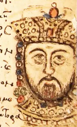 Portrait d'un homme couronné dessiné sur la page d'un manuscrit.