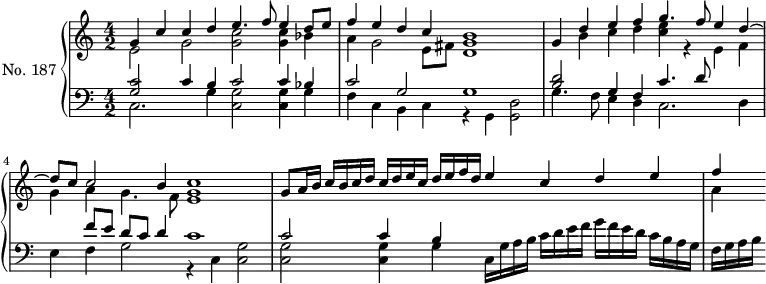 
\version "2.14.2"
\header {
  tagline = ##f
}
upper = \relative c'' {
  \clef treble 
  \key a \minor
  \time 4/2
  \tempo 2 = 62
  \autoBeamOff
  \set fontSize = #-1
  \set Staff.midiInstrument = #"dulcimer"

    << { g4 c c d e4. f8 e4 d8 e } \\ { e,2 g << g c >> << g4 c >> bes } >> 
    << { f'4 e d c b1 } \\ { a4 g2 e8 fis << d1 g >> } >> 
    << { g4 d' e f g4. f8 e4 d~ } \\ { s4 b c d << c e >> r4 e,4 f } >> 
    << { d'8 c c2 b4 c1 } \\ { g4 a g4. f8 <<e1 g >> } >> 
    << { g8 a16 b   c b c d    c d e c   d e f d   e4 c d e } \\ {} >>
    << { f4 } \\ { a,4 } >>  
}

lower = \relative c {
  \clef bass
  \key a \minor
  \time 4/2
  \set Staff.midiInstrument = #"dulcimer"

    << { << c'2 g >> c4 b c2 c4 bes } \\ { c,2. g'4 << c,2 g' >> << c,4 g' >> g } >> 
    << { c2 g g1 } \\ { f4 c b c r4 g << d'2 g, >> } >> 
    << { << d''2 b >> g4 f c'4. d8 } \\ { g,4. f8 e4 d c2. d4 } >> 
    << { s4 f'8 e d c d4 c1 } \\ { e,4 f g2 r4 c,4 << g'2 c, >> } >> 
    << { c'2 c4 b } \\ { << g2 c,2 >> << g'4 c,4 >> g'4 } >> 
     c,16 g' a b   c d e f   g f e d   c b a g   f g a b
}

\score {
  \new PianoStaff <<
    \set PianoStaff.instrumentName = #"No. 187"
    \new Staff = "upper" \upper
    \new Staff = "lower" \lower
  >>
  \layout {
    \context {
      \Score
      \remove "Metronome_mark_engraver"
    }
  }
  \midi { }
}
