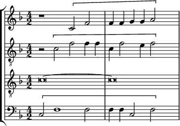 
\version "2.18.2"
\header {
  tagline = ##f
}
global= {
  \time 4/2
  \key f \major
  \tempo 2 = 80
    \set Staff.midiInstrument = #"orchestral harp"
}

dessus = \new Voice \relative c' {
  \clef treble
  \set Staff.instrumentName = #""
 
   r1 \[ c2 f f4 f g g a2 \] s2
  
  % \addlyrics { Vos- tre-al- lée__ me des }
}

alto = \new Voice \relative c' {
  \set Staff.instrumentName = #""
  \clef "treble_8"

   r2 \[ c2 f f4 f c f2 e4 f2 \] s2

}

tenor = \new Voice \relative c' {
  \set Staff.instrumentName = #""
  \clef "treble_8"

  c\breve~ c\breve

}

basse = \new Voice \relative c {
  \set Staff.instrumentName = #""
  \clef bass

   \[ c2 f1 f2 f4 f c2 f \] s2

}

\score {
  \new StaffGroup <<
    \new Staff << \global \dessus >>
    \new Staff << \global \alto >>
    \new Staff << \global \tenor >>
    \new Staff << \global \basse >>
  >>
  \layout {
    \context {
      \Score
      \remove "Metronome_mark_engraver"
    }
  }
  \midi { }
}
