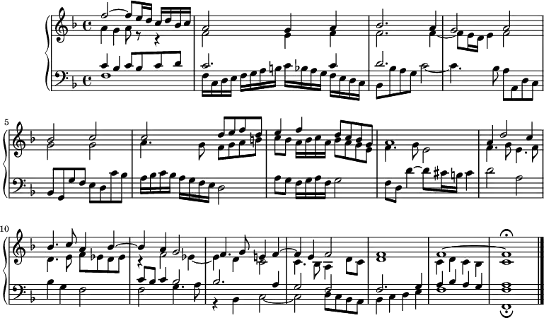 
\version "2.18.2"
\header {
  tagline = ##f
}
upper = \relative c'' {
  \clef treble 
  \key f \major
  \time 4/4
  \tempo 4 = 82
  \set Staff.midiInstrument = #"church organ"

    << { f2~ f8 e16 d c d bes c | a2 g4 a | bes2. a4 | g2 a | } \\ { a4 g a8 r8 r4 | f2 e4 f | f2. f4~ | f8 e16 d e4 f2 } >>
    % Ms 5
    << { bes2 c | c d8 e f d | e4 f d8 c bes g | a1 | a4 d2 c4 | } \\ { g2 g | a4. g8 f g a b | c bes a16 bes c a | bes8 a g e | f4. g8 e2 | f4. g8 e4. f8 | } >>
    % Ms 10
    << { bes4. c8 a4 bes~ | bes a g2 | f4. g8 e!4 f~ | f4 e  f2 | f1 | f1~ f1\fermata } \\ { d4. e8 f ees d ees r4 f2 ees4~ | ees d c2 | c4. bes8 a4 d8 c | d1 | c4  d c bes | \tempo 4 = 50 c1 } >>
}

lower = \relative c {
  \clef bass
  \key f \major
  \time 4/4
  \set Staff.midiInstrument = #"church organ"

    << { c'4 bes c8 bes c d | c2. c4 | d2.  } \\ { f,1 | f16 c d e f g a b! c bes a g f e d c | bes8 bes' a g c2~ c4. bes8 a a, d c } >>
    bes8 g g' f e d c' bes | a16 bes c bes a g f e d2 | a'8 g f16 g a f g2 | f8 d d'4~ d8 cis16 b cis4 | d2 a |
    << { s1 | c8 bes c4 bes2 bes2. a4 | g2 f | f2. g4 | a bes a g | a1 } \\ { bes4 g f2 | f g4. a8 | r4 bes,4 c2~ | c2 d8 c bes a | bes4 c d e | f1 < f f, >1\fermata } >>
    \bar "|." 
}

\score {
  \new PianoStaff <<
    \set PianoStaff.instrumentName = #""
    \new Staff = "upper" \upper
    \new Staff = "lower" \lower
  >>
  \layout {
      #(layout-set-staff-size 17)
    \context {
      \Score
      \override SpacingSpanner.common-shortest-duration = #(ly:make-moment 1/2)
      \remove "Metronome_mark_engraver"
    }
  }
  \midi { }
}
