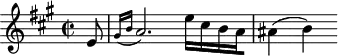 
\header {
  tagline = ##f
}

\score {
  \new Staff \with {

  }
<<
  \relative c'' {
    \key a \major
    \time 2/2
    \override TupletBracket #'bracket-visibility = ##f 
    \autoBeamOff

     %%%%%%%%%%%%%%%%%%%%%%%%%% K12
     \partial 8 e,8 \grace { gis16[( b16] } a2.) e'16[ cis b a ais4]( b)

  }
>>
  \layout {
    \context {
      \remove "Metronome_mark_engraver"
    }
  }
  \midi {}
}
