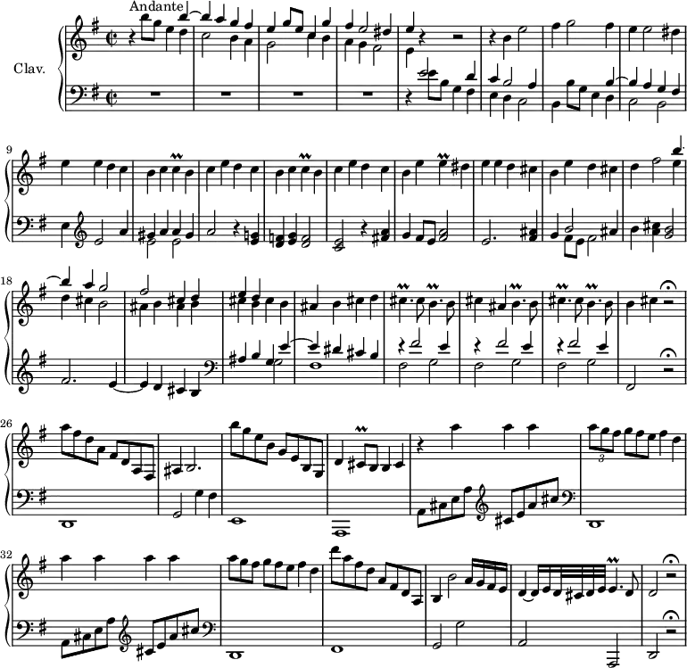 
\version "2.18.2"
\header {
  tagline = ##f
  % composer = "Domenico Scarlatti"
  % opus = "K. 402"
  % meter = "Andante"
}

%% les petites notes
trillC        = { \tag #'print { c4\prall } \tag #'midi { d16 c d c } }
trillE        = { \tag #'print { e4\prall } \tag #'midi { fis16 e fis e } }
trillCisp     = { \tag #'print { cis4.\prall } \tag #'midi { d16 cis d cis~ cis8 } }
trillBp       = { \tag #'print { b4.\prall } \tag #'midi { cis16 b cis b~ b8 } }
trillEp       = { \tag #'print { e4.\prall } \tag #'midi { fis16 e fis e~ e8 } }
trillCisq     = { \tag #'print { cis8\prall } \tag #'midi { d32 cis d cis } }

upper = \relative c'' {
  \clef treble 
  \key e \minor
  \time 2/2
  \tempo 2 = 70
  \set Staff.midiInstrument = #"harpsichord"
  \override TupletBracket.bracket-visibility = ##f

    r4^\markup{Andante} b'8 g e4 << { b'4~ | b a g fis | e4 g8 e c4 g' | fis e2 dis4 | e4 } \\ { d4 | c2 b4 a | g2 c4 b | a g fis2 | e4 } >> r4 r2 |
    % ms. 6
    r4 b'4 e2 | fis4 g2 fis4 | e4 e2 dis4 | e e d c | \repeat unfold 2 { b4 c \trillC b4 | 
    % ms. 11
    c4 e d c } | b4 e \trillE dis4 | e e d cis | 
    % ms. 16
    b4 e d cis | d fis2 << { b4~ | b a g2 | fis cis4 d | e d } \\ { e4 | d cis b2 | ais4 b ais b | cis b cis b } >>
    % ms. 21
    ais4 b cis d | \trillCisp cis8 \trillBp b8 | cis4 ais \trillBp b8 | \trillCisp cis8 \trillBp b8 | b4 cis r2\fermata
    % ms. 26
    a'8 fis d a  fis d a fis | ais4 b2.| b''8 g e b  g e b g | d'4 \trillCisq b8 b4 cis | 
    % ms. 30
    r4 a''4 a a | \times 2/3 { a8 g fis } \omit TupletNumber \times 2/3 { g8[ fis e] } fis4 d | a' a a a | \times 2/3 { a8 g fis } \times 2/3 { g8[ fis e] } fis4 d | d'8 a fis d  a fis d a | b4 b'2 a16 g fis e | d4~ d16 e d32 cis d e \trillEp d8 | d2 r2\fermata |

}

lower = \relative c' {
  \clef bass
  \key e \minor
  \time 2/2
  \set Staff.midiInstrument = #"harpsichord"

    % **************************************
     R1*4 | r4 << { e2 d4 | c b2 a4 | s2. b4~ | b a g fis } \\ { e'8 b g4 fis | e d c2 | b4 b'8 g e4 d | c2 b } >> | e4   \clef treble  e'2 a4 << { gis4 a a gis } \\ { e2 e } >>
     % ms. 11
     a2 r4 < e g! >4 | < d f > < e g > < d f >2 | < c e > r4 < fis! a >4 | g4 fis8 e < fis a >2 | e2. < fis ais >4 |
     % ms. 16
     g4 << { b2 ais4 } \\ { fis8 e fis2 } >> b4 < a cis > < g b >2 | fis2. e4~ | e d cis b | 
     % ms. 20
     \clef bass << { ais4 b g e'~ | e dis cis b \repeat unfold 3 { r4 fis'2 e4 } } \\ { s2 g,2 | fis1 | \repeat unfold 3 { fis2 g } } >>  fis,2 r2\fermata
     % ms. 26
     d1 | g2 g'4 fis | e,1 | a, | \repeat unfold 2 { a'8 cis e a  \clef treble cis e a cis \clef bass d,,,1 } | 
     % ms. 34
     fis1 | g2 g' | a, a, | d r2\fermata

}

thePianoStaff = \new PianoStaff <<
    \set PianoStaff.instrumentName = #"Clav."
    \new Staff = "upper" \upper
    \new Staff = "lower" \lower
  >>

\score {
  \keepWithTag #'print \thePianoStaff
  \layout {
      #(layout-set-staff-size 17)
    \context {
      \Score
     \override SpacingSpanner.common-shortest-duration = #(ly:make-moment 1/2)
      \remove "Metronome_mark_engraver"
    }
  }
}

\score {
  \keepWithTag #'midi \thePianoStaff
  \midi { }
}
