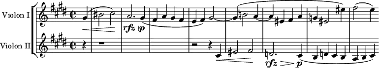 
\version "2.18.2"
\header {
  tagline = ##f
}
global= {
  \time 2/2
  \key cis \minor
  \tempo 2 = 62
}

violonOne = \new Voice \relative c'' {
  \set Staff.instrumentName = #"Violon I"
 
  \partial 4 
  gis4(\< bis2 cis\!) a2.\rfz\> gis4\!\p( fis4 a gis fis e fis) gis2~ gis4( b!2 a4~ a eis fis a g eis2 eis'4) fis2( e4)

}

violonTwo = \new Voice \relative c' {
  \set Staff.instrumentName = #"Violon II"
  \clef treble

  r4 r1*3 r2 r4 cis4\< eis2 fis2)\! d2.\rfz\> cis4\!\p( b d cis b a b cis)

}

\score {
  \new StaffGroup <<
    \new Staff << \global \violonOne >>
    \new Staff << \global \violonTwo >>
  >>
  \layout {
    \context {
      \Score
      \remove "Metronome_mark_engraver"
    }
  }
  \midi { }
}
