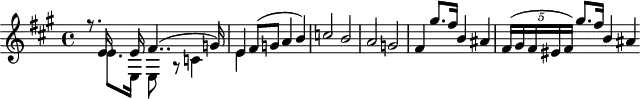 
\header {
  tagline = ##f
}

\score {
  \new Staff \with {

  }
<<
  \relative c' {
    \key a \major
    \time 4/4
    \tempo 4 = 100
    %\override TupletBracket #'bracket-visibility = ##f
    \set Staff.midiInstrument = #"string ensemble 1" 
    \set Score.currentBarNumber = #49
    %\autoBeamOff

     %%%%%%%%%%%%%%%%%%%%%%%%%% S6 - thème 1
     \partial 2...
     << { r8. e16 s8 e16 fis4..( g!16) e4 fis8( g! a4 b) c!2 b a g! fis4 gis'8.[ fis16] b,4 ais \tempo 4 = 85 \times 2/5 { fis16([ gis fis eis fis]) } gis'8.[ fis16] \tempo 4 = 100 b,4 ais } \\ { s8. e8.[ e,16] e8 r8 c'!4 e4 } >>

  }
>>
  \layout {
     \context { \Score \remove "Metronome_mark_engraver" 
     \override SpacingSpanner.common-shortest-duration = #(ly:make-moment 1/2) }
  }
  \midi {}
}
