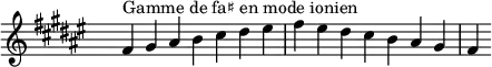 
\relative c' { 
  \key fis \ionian
  \clef treble \time 7/4 \hide Staff.TimeSignature fis4^\markup { Gamme de fa♯ en mode ionien } gis ais b cis dis eis fis eis dis cis b ais gis fis
}
