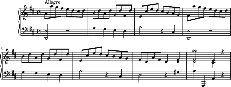 
\version "2.18.2"
\header {
  tagline = ##f
}
upper = \relative c'' {
  \clef treble 
  \key d \major
  \time 4/4
  \tempo 4 = 198
  \override TupletBracket.bracket-visibility = ##f

s8*0^\markup{Allegro}
   %%Montero — opus 1, sonate 3, Allegro (pdf p. 18)
   a8 a' g fis e d cis d b d a d g, d' fis, d' e, cis' e d cis b a g fis a' g fis e d cis d b d a d g, d' fis, d' e, cis' e d cis b a g fis d a' fis d4
   << { fis4 fis2\turn e4 r4 } \\ { d4 d2 cis4 } >>
   

}

lower = \relative c {
  \clef bass
  \key d \major
  \time 4/4

   < d d, >2 r2 g4 fis e d a'2 r4 cis,4  
   < d d, >2 r2 g4 fis e d a'2 r4 cis,4 d2 r4 gis4 a a,, a' r4 
}

\score {
  \new PianoStaff <<
    \new Staff = "upper" \upper
    \new Staff = "lower" \lower
  >>
  \layout {
      #(layout-set-staff-size 17)
    \context {
      \Score
      \override SpacingSpanner.common-shortest-duration = #(ly:make-moment 1/2)
      \remove "Metronome_mark_engraver"
    }
  }
  \midi { }
}
