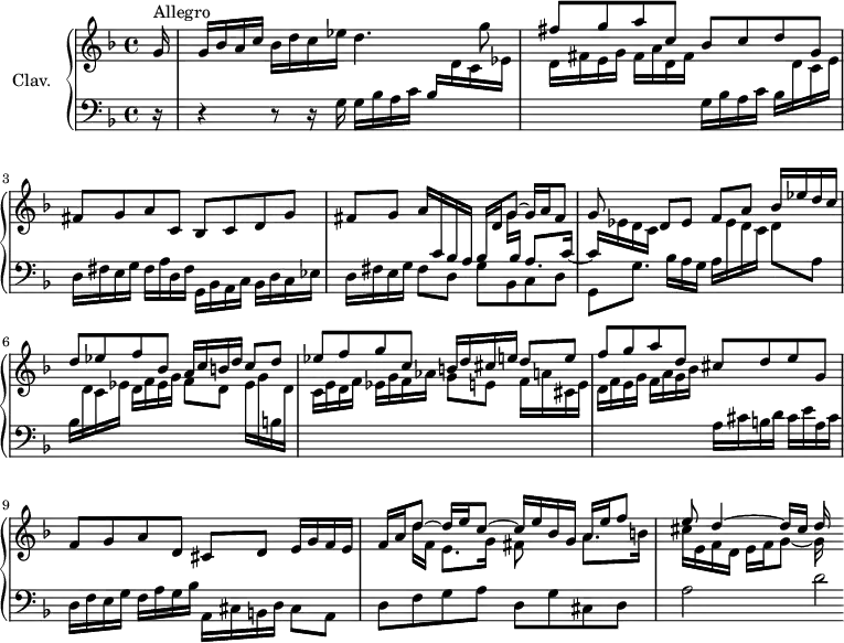 
\version "2.18.2"
\header {
  tagline = ##f
}

upper = \relative c'' {
  \clef treble 
  \key f \major
  \time 4/4
  \tempo 4 = 92
  \set Staff.midiInstrument = #"harpsichord"

    \partial 16
    s8*0^\markup{Allegro}
    g16 | g bes a c bes d c ees d4. g8 | \stemUp fis8 g a c, bes c d g, | fis g a c, bes c d g |
    % ms. 4
    << { fis8 g a16 \stemUp \change Staff = "lower" c,16 bes a bes \change Staff = "upper" d g8~ g16 a fis8 | g8 } \\ { s2 s8 g16 \stemUp \change Staff = "lower" bes, a8. c16~ | c \stemDown \change Staff = "upper" ees16 d c } >> \stemNeutral d8 ees f a \stemUp bes16 ees d c | d8 ees f bes, a16 c b d c8 d |
    % ms. 7
    ees8 f g c,  b16 d cis e d8 e | f g a d, cis d e g, | f g a d, cis d  e16 g f e |
    % ms. 10
    << { \mergeDifferentlyDottedOn f16 a d8~ d16 e c8~ c16 e bes g a16 e' f8 | e d4~ d16 cis d } \\ { s8 d16 f, e8. g16 fis8 s8 a8. b16 | cis e, f d e f g8~ g16  } >> % f fis16 e fis g a fis | g8 e f cis d8 a4 g8
    % ms. 13
    

}

lower = \relative c' {
  \clef bass
  \key f \major
  \time 4/4
  \set Staff.midiInstrument = #"harpsichord"

    % *****************************
    r16 | r4 r8 r16 g16 | g bes a c bes \stemDown \change Staff = "upper"  d c ees | d fis e g fis a d, fis \change Staff = "lower" g,16 bes a c bes \stemDown \change Staff = "upper" d c e | \change Staff = "lower" d,16 fis e g fis a d, fis g,16 bes a c bes d c ees | 
    % ms. 4 
    d16 fis e g fis8 d g bes, c d  | g, g'8. bes16 a g  a \change Staff = "upper" ees' d c d8 \change Staff = "lower" a | bes16 \change Staff = "upper"  d c ees d f ees g f8 d ees16 g \change Staff = "lower" b, \change Staff = "upper" d |
    % ms. 7
    c16 e d f ees g f aes g8 e f16 a cis, e | d16 f e g f a g bes \change Staff = "lower" a,16 cis b d cis e a, cis | d,16 f e g f a g bes a, cis b d cis8 a |
    % ms. 10 
    d8 f g a d, g cis, d | a'2 d2*1/4

} 

thePianoStaff = \new PianoStaff <<
    \set PianoStaff.instrumentName = #"Clav."
    \new Staff = "upper" \upper
    \new Staff = "lower" \lower
  >>

\score {
  \keepWithTag #'print \thePianoStaff
  \layout {
      #(layout-set-staff-size 17)
    \context {
      \Score
     \override SpacingSpanner.common-shortest-duration = #(ly:make-moment 1/2)
      \remove "Metronome_mark_engraver"
    }
  }
}

\score {
  \keepWithTag #'midi \thePianoStaff
  \midi { }
}
