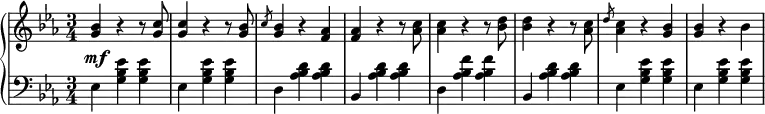 
 \relative b' {
  \new PianoStaff <<
   \new Staff { \key c \minor \time 3/4
    <<
   {
     <g bes>4 r4 r8 <g c>8 <g c>4 r4 r8 <g bes>8 \slashedGrace c8 <g bes>4 r4 <f aes>4 <f aes>4 r4 r8 <aes c>8 <aes c>4 r4 r8 <bes d>8 <bes d>4 r4 r8 <aes c>8 \slashedGrace d8 <aes c>4 r <g bes>4 <g bes>4 r4 bes4
   }
    >>
   }
   \new Dynamics {
    s\mf
   }
   \new Staff { \key c \minor \time 3/4 \clef bass
    ees,, <g bes ees> <g bes ees> ees <g bes ees> <g bes ees> d <aes' bes d> <aes bes d> bes, <aes' bes d> <aes bes d> d, <aes' bes f'> <aes bes f'> bes, <aes' bes d> <aes bes d> ees <g bes ees> <g bes ees> ees <g bes ees> <g bes ees>
   }
  >>
 }
