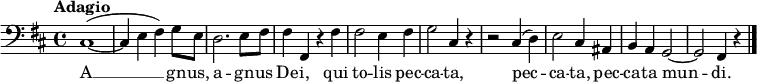 
\new Staff \with {
  midiInstrument = "piano"
} 
{
\relative c {
    \version "2.18.2"
    \key b \minor
    \time 4/4
    \tempo "Adagio"
    \clef bass
    cis1 (~
    cis4 e fis) g8 e
    d2. e8 fis8
    fis4 fis, r4 fis'
    fis2 e4 fis4
    g2 cis,4 r4
    r2 cis4 (d4)
    e2 cis4 ais4
    b4 a4 g2 ~
    g2 fis4 r4
    \bar "|."
}
}
\addlyrics {
  \lyricmode {
	A1 __ gn -- us,
	a2 -- gn -- us
	De -- i, qui
	to -- lis pec
	-- ca -- ta,
	pec -- ca -- ta,
	pec -- ca -- ta
	mun -- di.
  }
}
