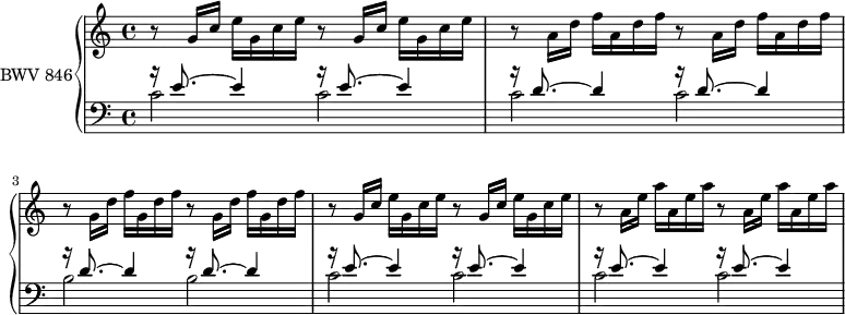 
\version "2.18.2"
\header {
  tagline = ##f
}

upper = \relative c'' {
    \clef treble 
    \key c \major
    \time 4/4
    \tempo 4 = 72 % tempo de Keller
    \set Staff.midiInstrument = #"harpsichord" 

   %% PRÉLUDE CBT I-1, BWV 846, ut majeur
   
   \repeat unfold 2 { b8\rest \repeat unfold 2 { g16 c e } }
   \repeat unfold 2 { b8\rest \repeat unfold 2 { a16 d f } }
   \repeat unfold 2 { b,8\rest \repeat unfold 2 { g16 d' f } }
   \repeat unfold 2 { b,8\rest \repeat unfold 2 { g16 c e } }
   \repeat unfold 2 { b8\rest \repeat unfold 2 { a16 e' a } }

}

lower = \relative c' {
    \clef bass 
    \key c \major
    \time 4/4
    \set Staff.midiInstrument = #"harpsichord" 

    << { \repeat unfold 2 { b'16\rest e,8.~ e4 } \repeat unfold 4 { b'16\rest d,8.~ d4 } \repeat unfold 4 { b'16\rest e,8.~ e4 } } \\ { \repeat unfold 4 { c2 } \repeat unfold 2 { b2 } \repeat unfold 4 { c2 } } >>
} 

\score {
  \new PianoStaff <<
    \set PianoStaff.instrumentName = #"BWV 846"
    \new Staff = "upper" \upper
    \new Staff = "lower" \lower
  >>
  \layout {
    \context {
      \Score
      \remove "Metronome_mark_engraver"
      \override SpacingSpanner.common-shortest-duration = #(ly:make-moment 1/3)
    }
  }
  \midi { }
}
