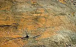 Pétroglyphe représentant une panthère et des éléphants, site d'Aïn safsafa, Algérie