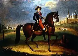 Peinture en couleur d'un homme en uniforme militaire monté sur un cheval élégant, en extérieur.