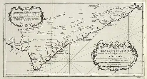 Carte représentant la côte de Guinée et les différents royaumes côtiers. On y lit les royaumes Ashanti, Denkyira, Akwamu, Akyem, parmi les plus importants.