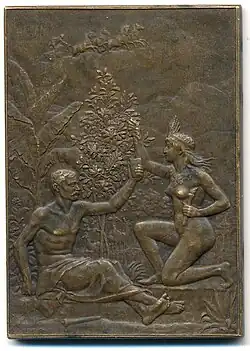Revers de la plaque : jeune femme péruvienne servant du vin Mariani à un vieil homme.