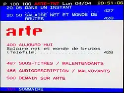 Page 100 du Télétexte d'ARTE, Programmation du soir, liens vers des descriptions de programmes à suivre.