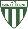 Ecu à rayures verticales blanches et vertes chapeautées d'un bandeau « AS SAINT-ETIENNE »