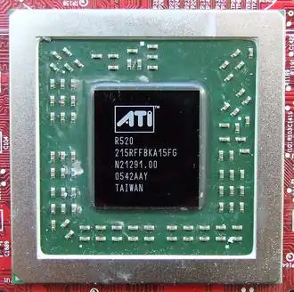 Processeur graphique Radeon R520 sur un PCB rouge