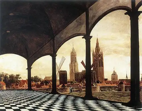 Daniël Vosmaer: Gezicht op Delft met een fantasieloggia en twee standerdmolens, 1663.