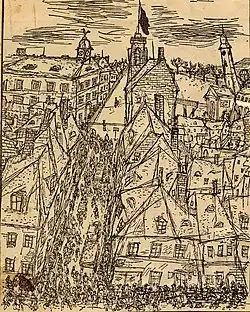 Dessin à l'encre d'un ghetto.