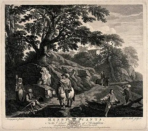 A man sitting on the side of the road is holding out his cap, d'après Ambrogio Borgognone (1777, Wellcome Collection).