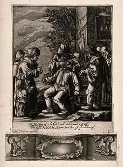 Un arracheur de dents extrayant une dent d'un patient assis, entouré d'une foule de personnes. (Wellcome Collection).