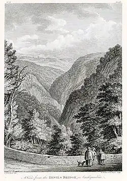 A view from the Devils Bridge, in Cardiganshire (1781, lithographie d'après Samuel Hieronymus Grimm&nbsp;(en), Bibliothèque nationale du pays de Galles).
