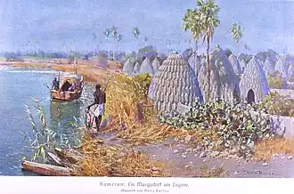 Village mousgoum au bord du Logone (aquarelle de Hans Busse)