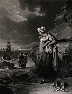 A young woman watching from a beach while a rowing boat carr. d'après Henry Corbould.