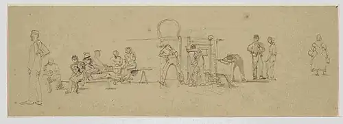 Bonhommé, Abainville - Un groupe d'ouvriers, 1837 :  le groupe d'ouvriers autour des fours à réchauffer en partie centrale est très similaire à celui légèrement sur la gauche du tableau.