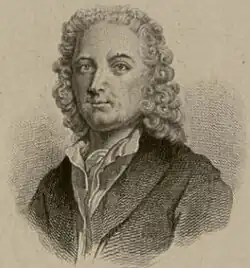 Dessin en noir et blanc et en buste représentant d'un homme vêtu d'un costume de style ancien régime.