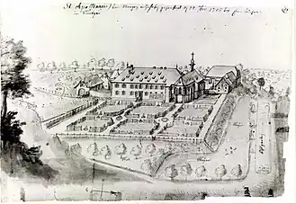 Les bâtiments du prieuré Saint-Apollinaire dessinés en 1756 par Emmanuel Büchel.