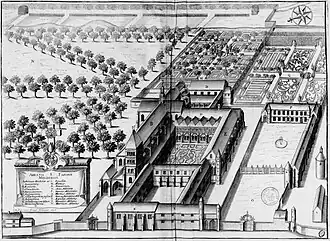 Planche gravée du Monasticon Gallicanum représentant l'abbaye Saint-Faron telle qu'elle était au XVIIe&nbsp;siècle