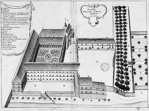 Planche gravée du XVIIe&nbsp;siècle représentant l'abbaye Saint-Jean de Sorde, dans le livre Monasticon Gallicanum.